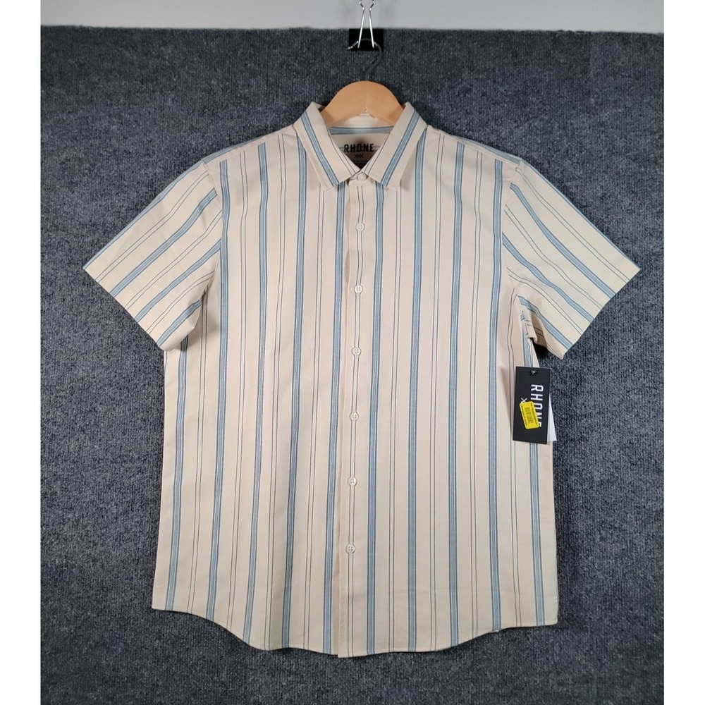 NEW Rhone Brezza Shirt Men Medium Striped Linen Blend Short Sleeve Button Up